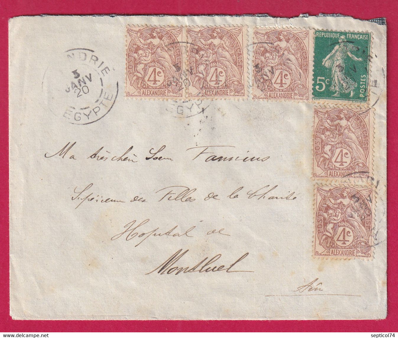 TYPE BLANC ALEXANDRIE + SEMEUSE 1920 POUR MONTLUEL AIN LETTRE COVER FRANCE - Covers & Documents