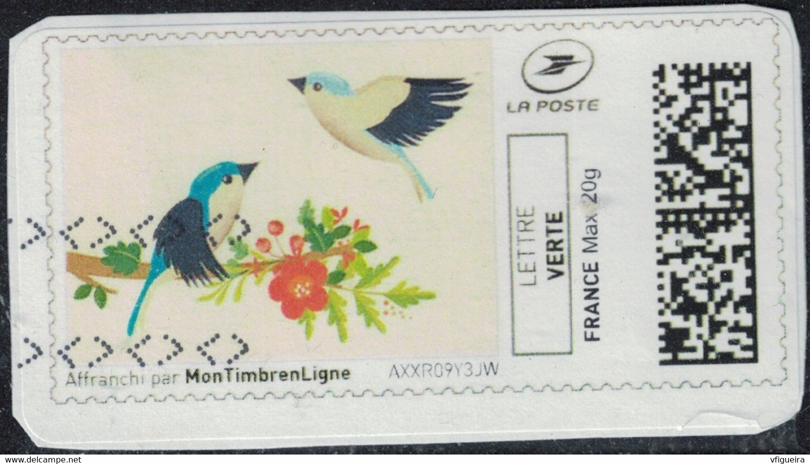 France Vignette Oblitérée Sur Fragment Used Mon Timbre En Ligne Oiseaux Branche Fleurie SU - Sonstige & Ohne Zuordnung