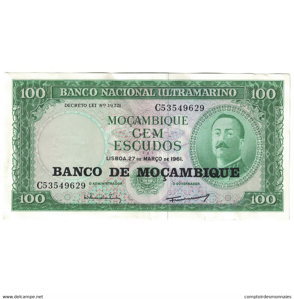 Billet, Mozambique, 100 Escudos, ND (1976 - Old Date 27.3.1961), KM:117a, TTB - Mozambique