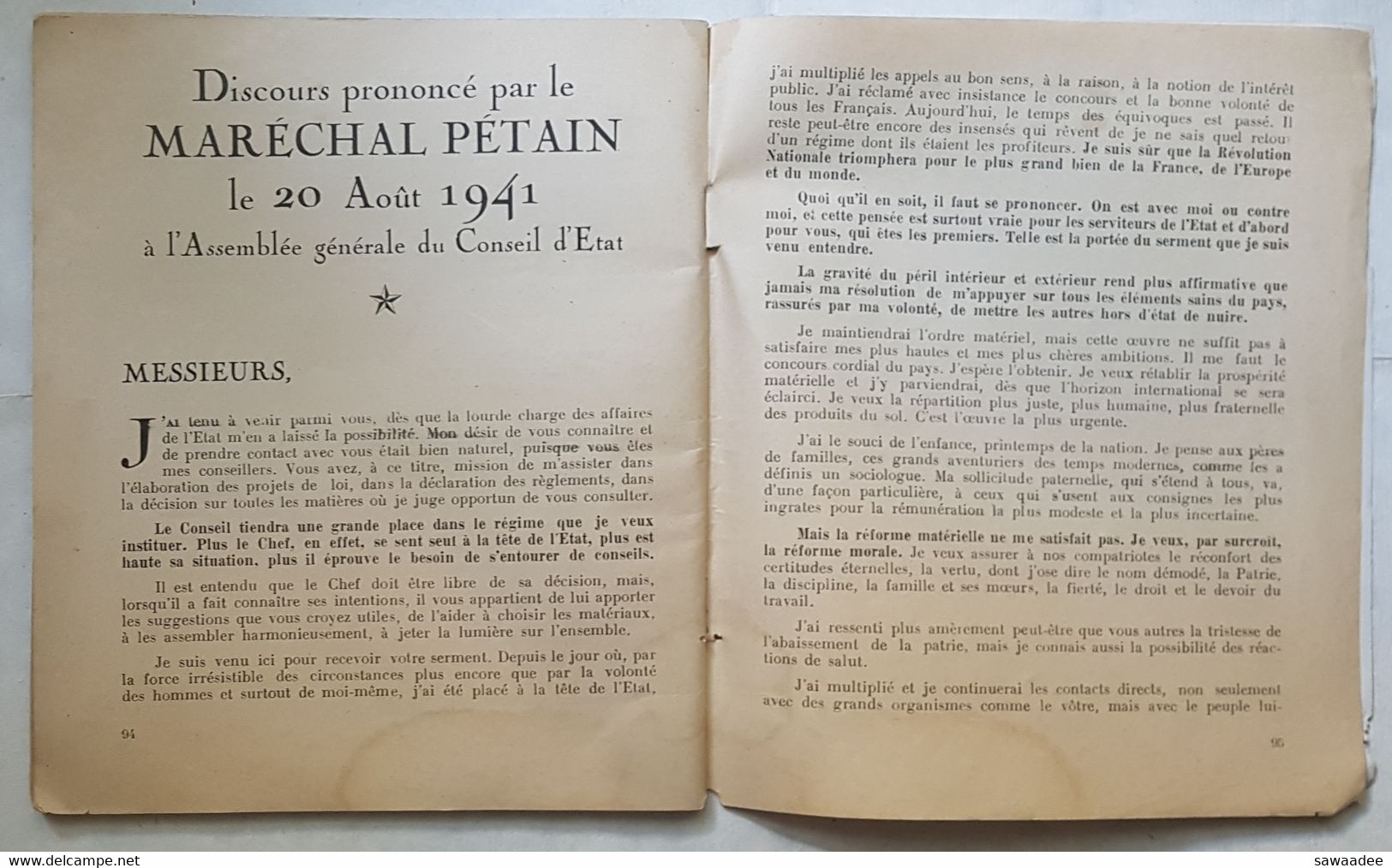 DOCUMENT - PROPAGANDE - ETAT FRANCAIS - LES MESSAGES DU MARECHAL - PETAIN - DU 16/06/1940 Au 20/08/1941 - Autres & Non Classés