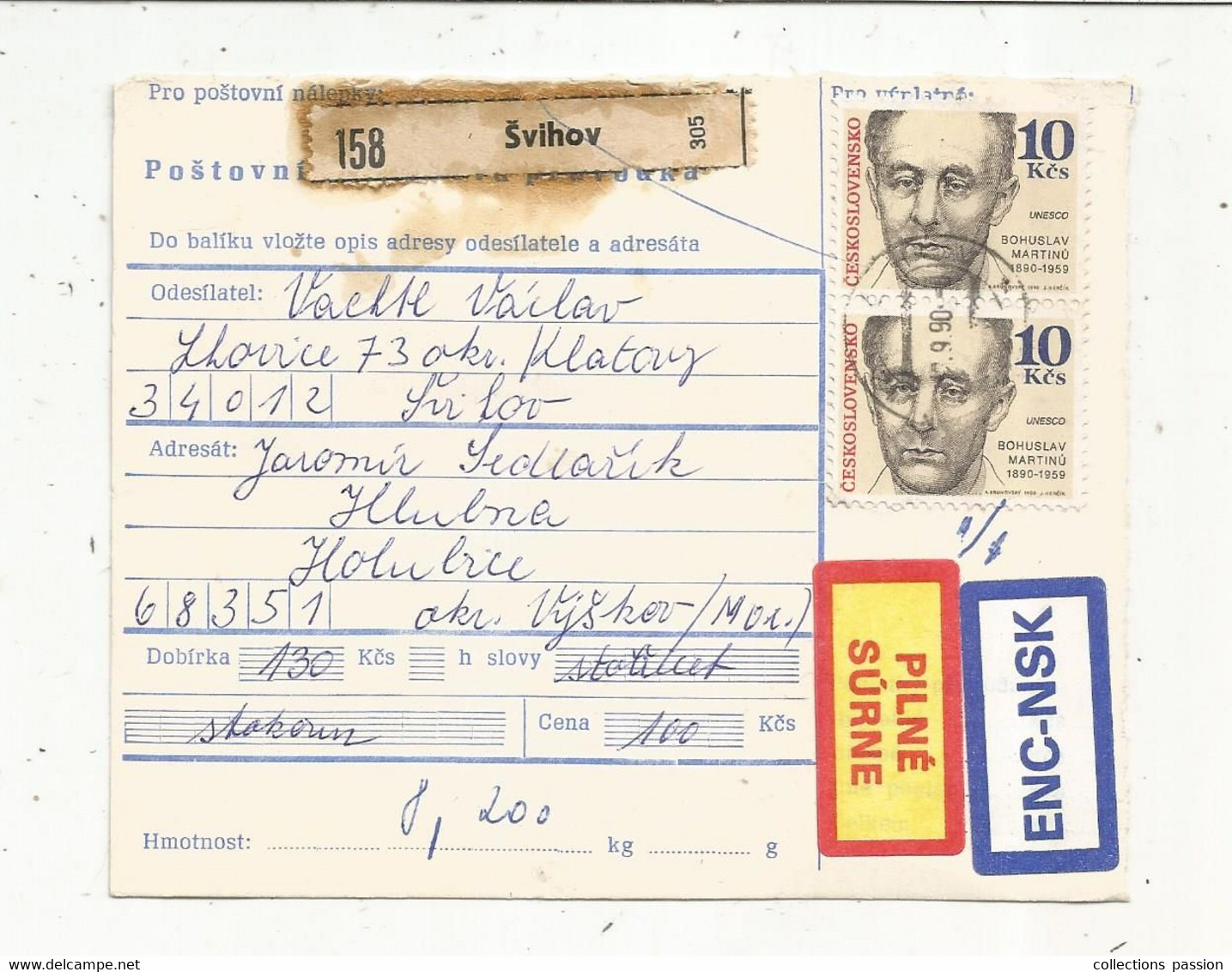 Tchécoslovaquie , 1990 , 158 Svihov , PILNE SURNE, ENC-NSK , Holubice, 3 Timbres, 2 Scans - Cartas & Documentos