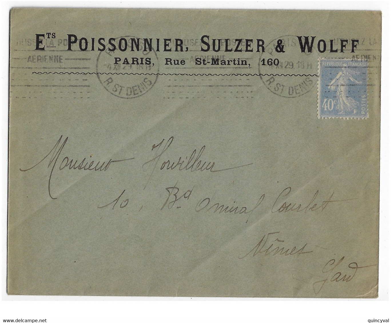 PARIS 50 St Denis Lettre Entête Sulzer Wolff 40c Semeuse Bleu Yv 237 Ob Meca Krag Poste Aérien Flamme Caviardée B050110 - Covers & Documents