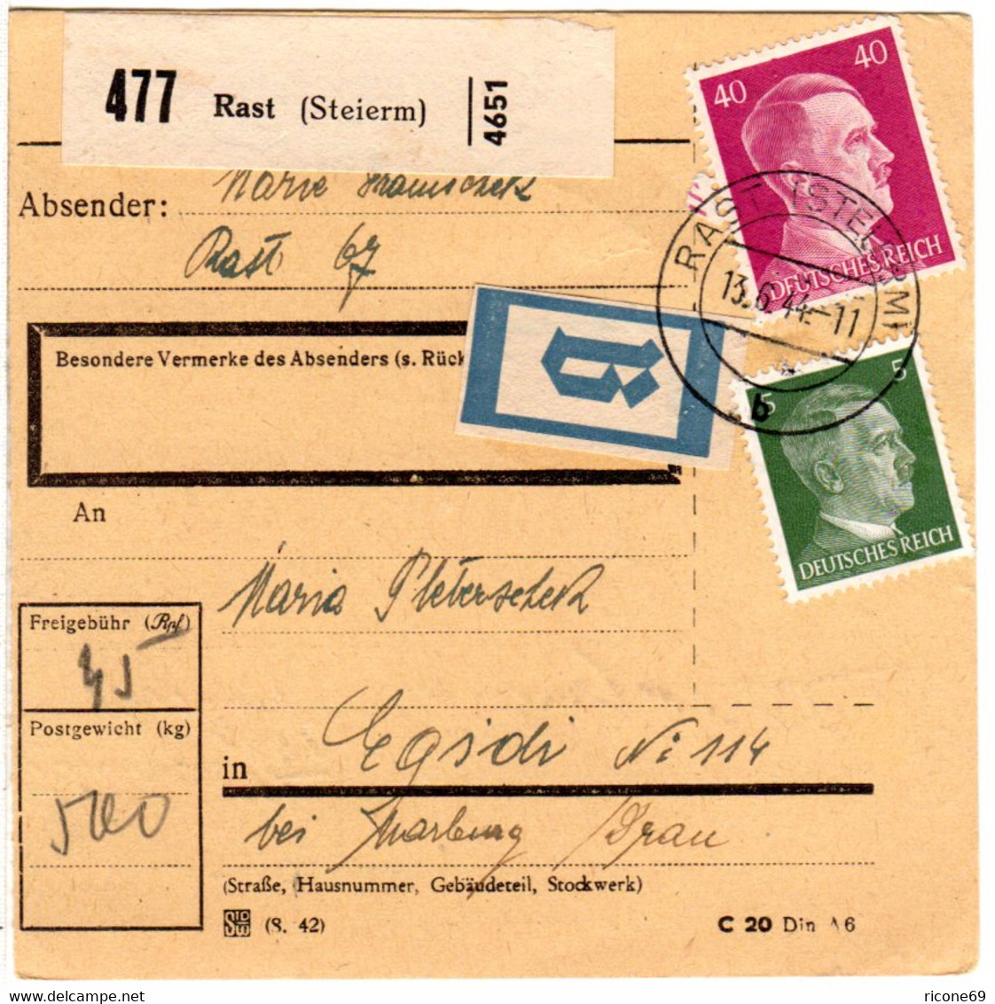 DR 1944, 5+40 Pf. Auf Ostmark Paketkarte M. B-Etikett U. Steiermark Stpl. RAST - Other & Unclassified