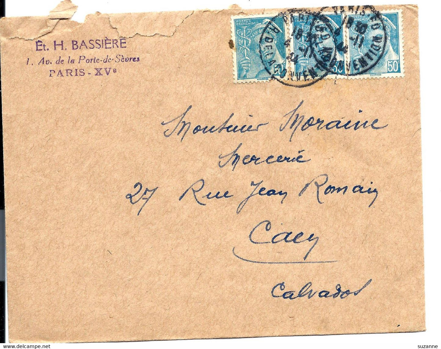 Type MERCURE - 3 Expls 50c Sur Lettre 1944 - 1938-42 Mercurius