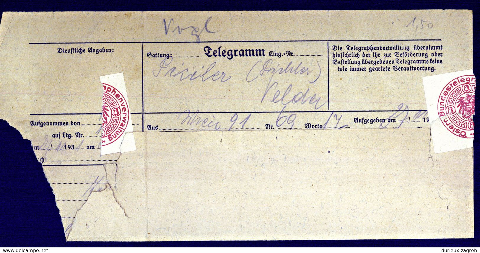 Austria Telegramm 1931? B220720 - Telegrafo