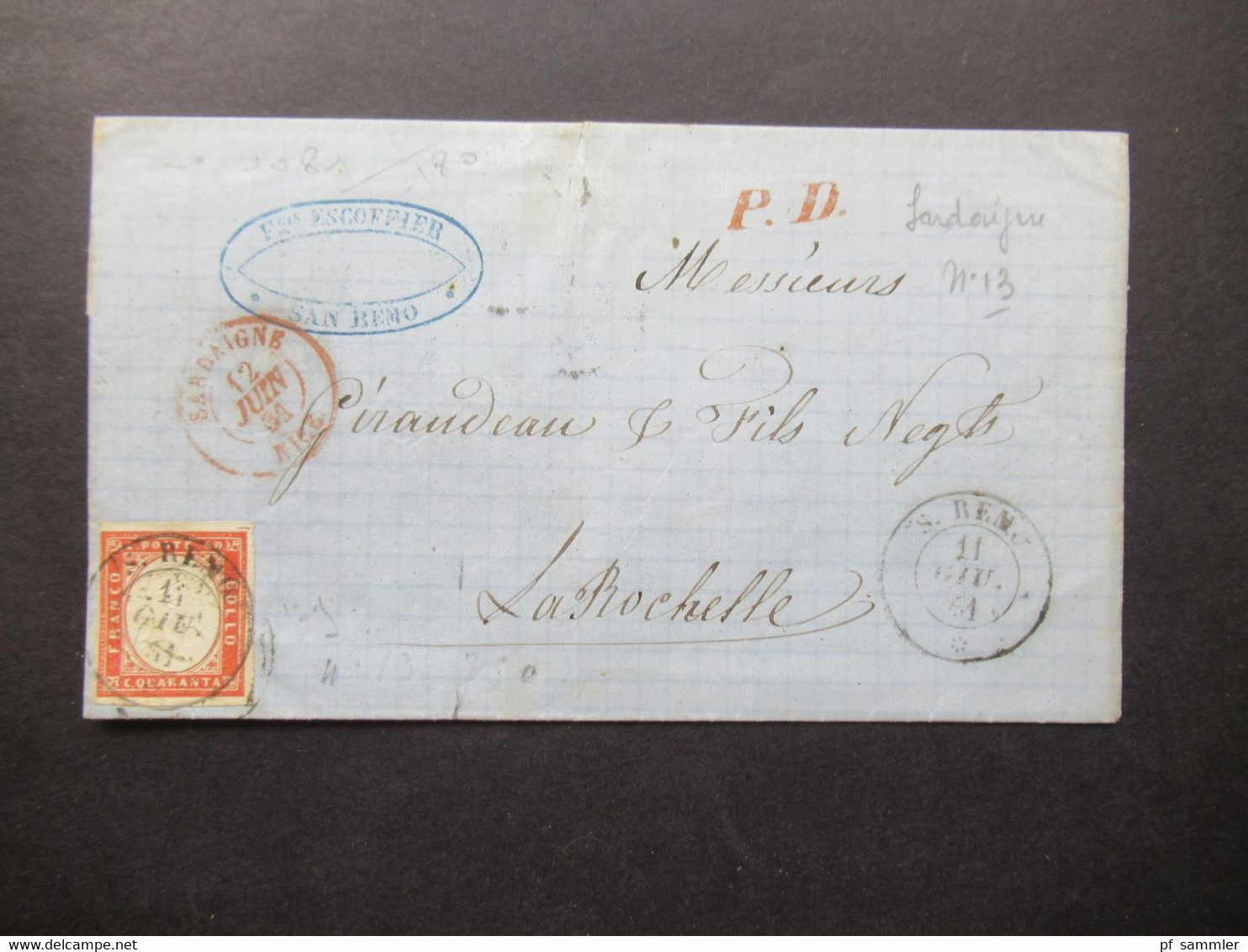 Sardinien 1861 Mi.Nr.13 Vollrandig Bis Breitrandig!! K2 San Remo Auslandsbrief PD Nach La Rochelle Rücks. 5 Stempel - Sardegna