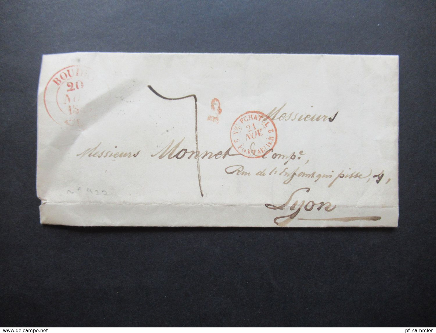 Schweiz 1846 Rote Stempel K2 Boudry Mit Posthorn Und Neuchatel 2 Pontarlier Und Ziffer 2 Auslandsbrief Nach Lyon - 1843-1852 Federal & Cantonal Stamps