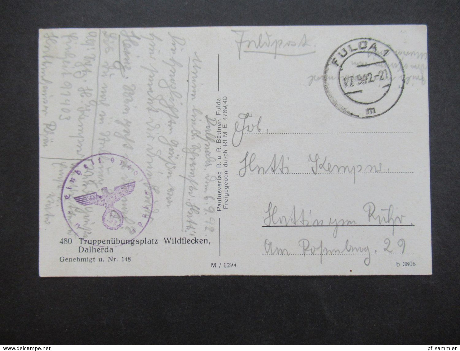 Feldpost 2.WK 1942 PK Truppenübungsplatz Wildflecken Dalherda Stempel Einheit 91401 Tagesstempel Fulda 1 - Manovre