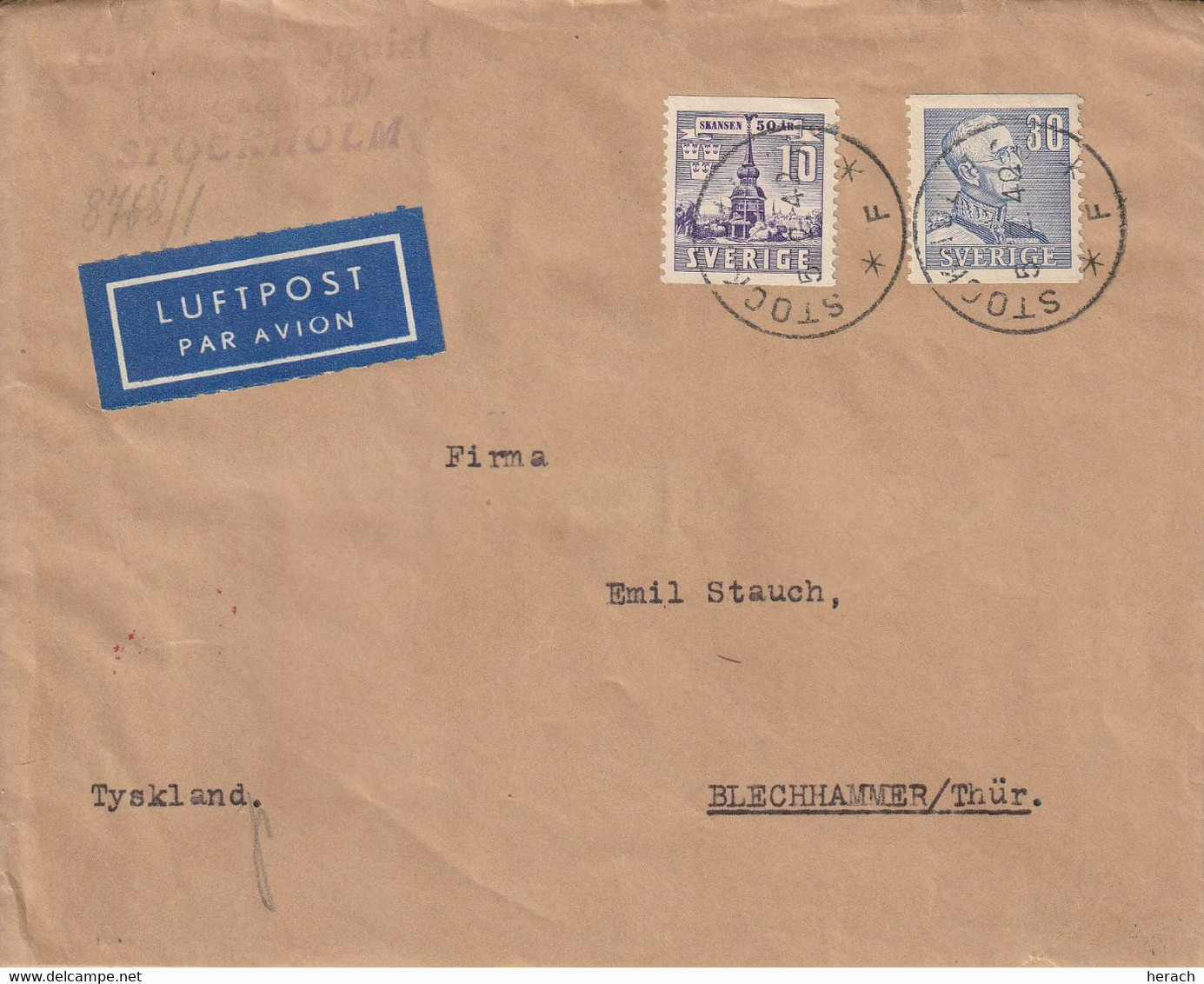 Suède Lettre Par Avion Censurée Pour L'Allemagne 1942 - 1930- ... Franqueo II