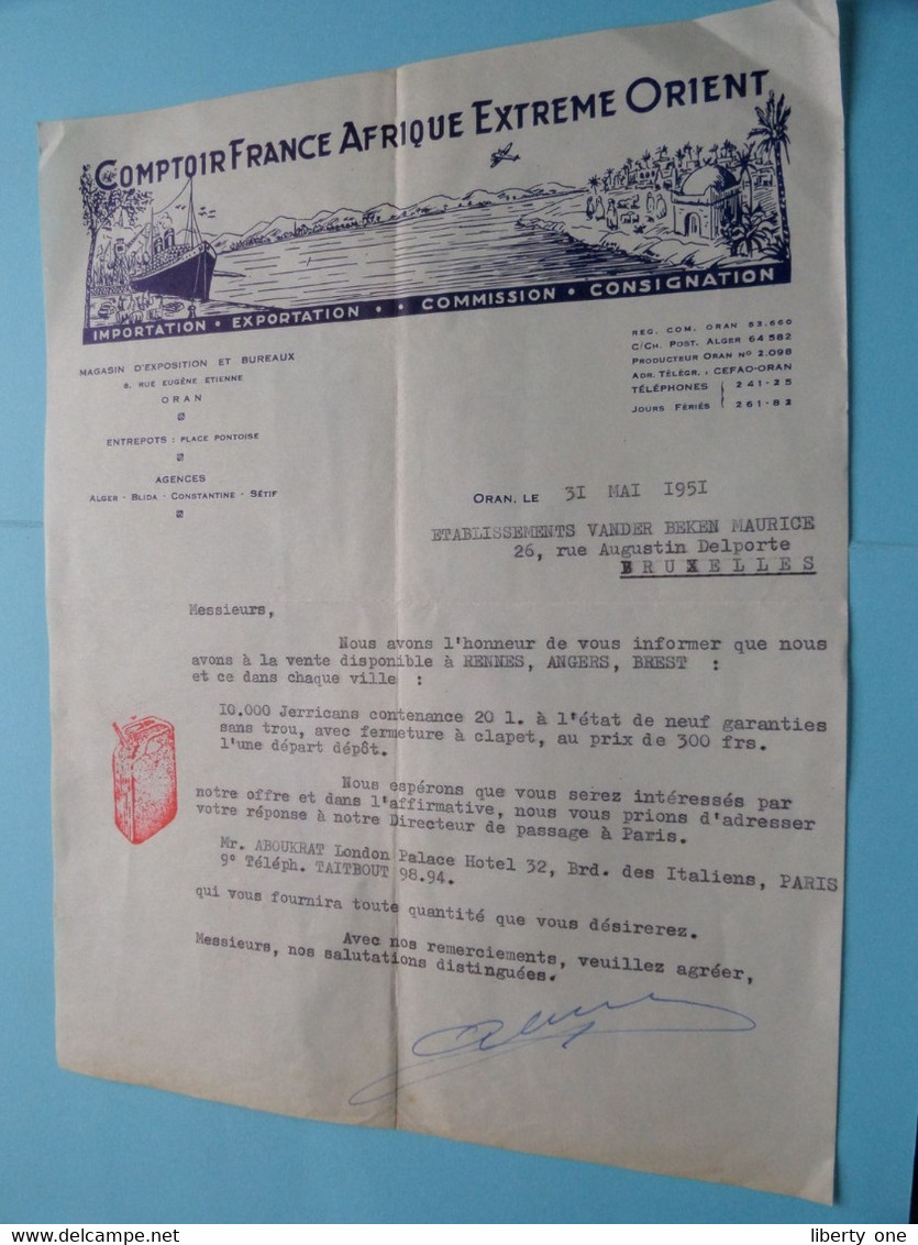 COMPTOIR FRANCE AFRIQUE EXTREME ORIENT ( Import/Export ) ORAN France () 1951 ( Tarif / Order ) ! - 1950 - ...