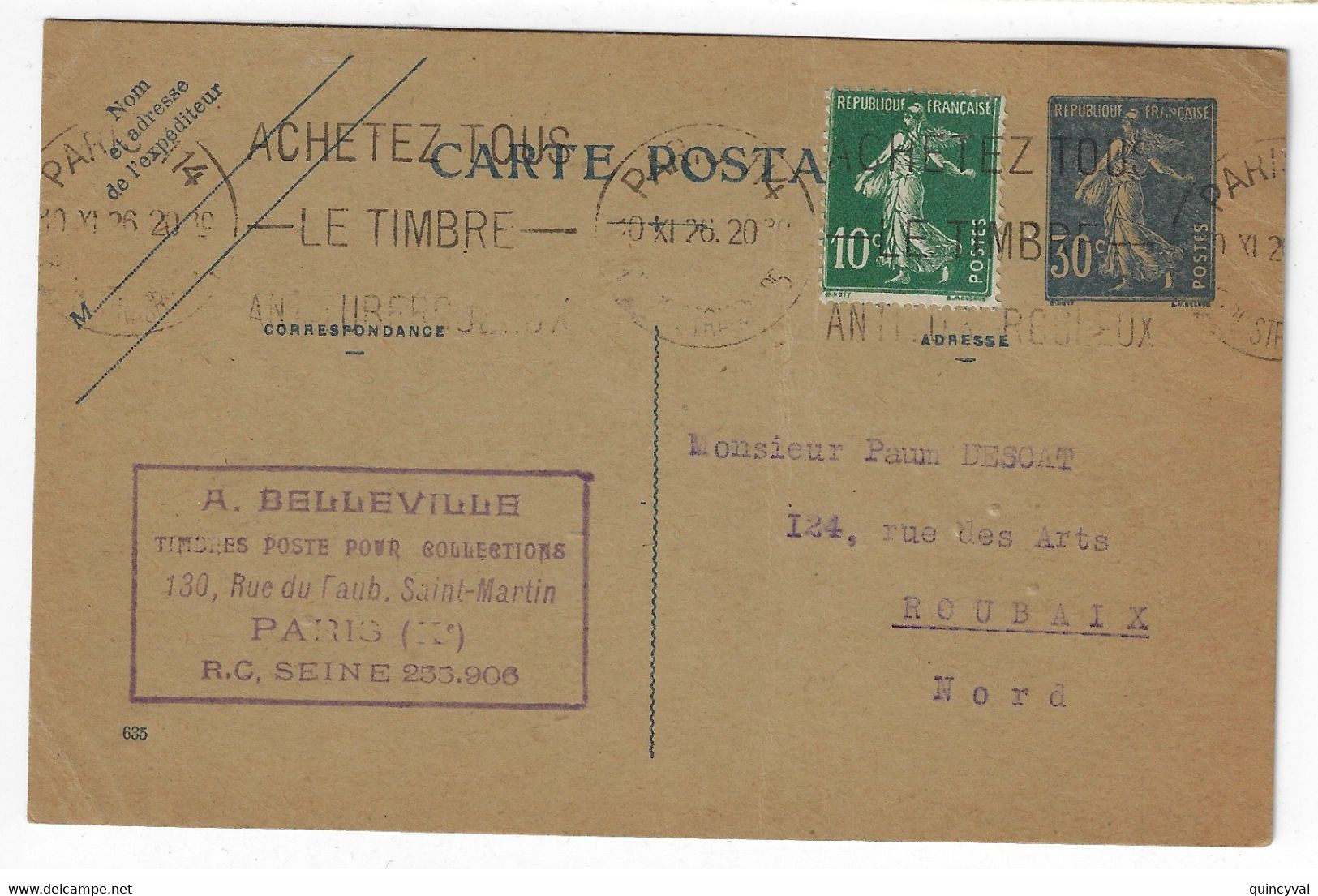 PARIS 114 Carte Postale Entier Semeuse 30c Bleu Yv 192-CP1 Mill 635 Complément 10c Vert Yv 159 Ob Meca 1920 - Standard Postcards & Stamped On Demand (before 1995)