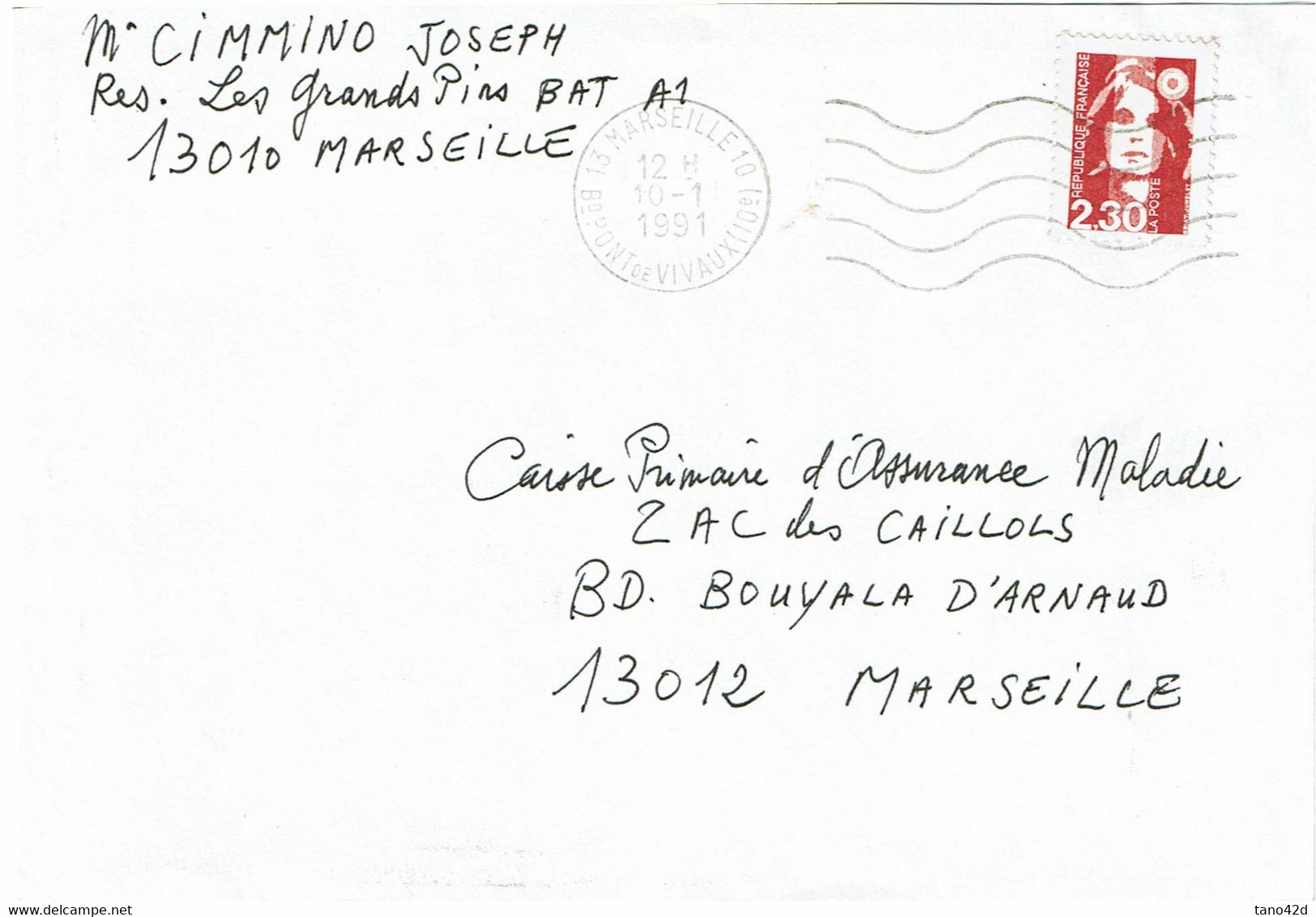 CTN80E- MARIANNE DE BRIAT 2f30 D13 FAUX DE MARSEILLE POUR TROMPER LA POSTE SUR LETTRE DU 10/1/1991 - Lettres & Documents