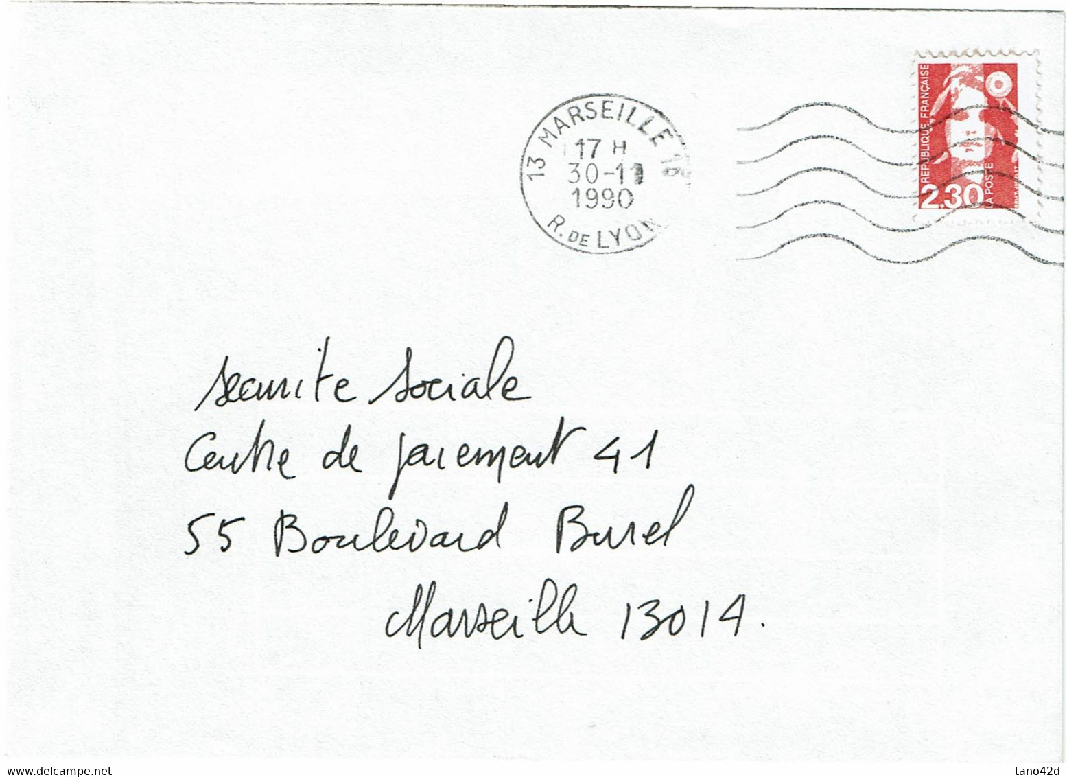 CTN80E- MARIANNE DE BRIAT 2f30 D11 FAUX DE MARSEILLE POUR TROMPER LA POSTE SUR LETTRE DU 30/11/1990 - Briefe U. Dokumente
