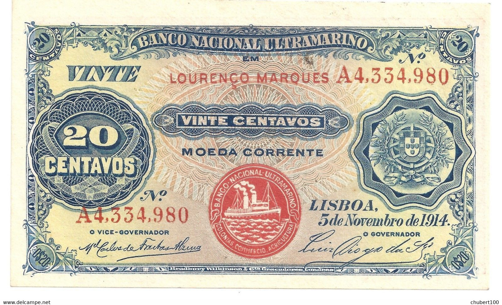 MOZAMBIQUE, P 60, 20 Centavos , 1914 , UNC ,  Neuf, - Mozambique