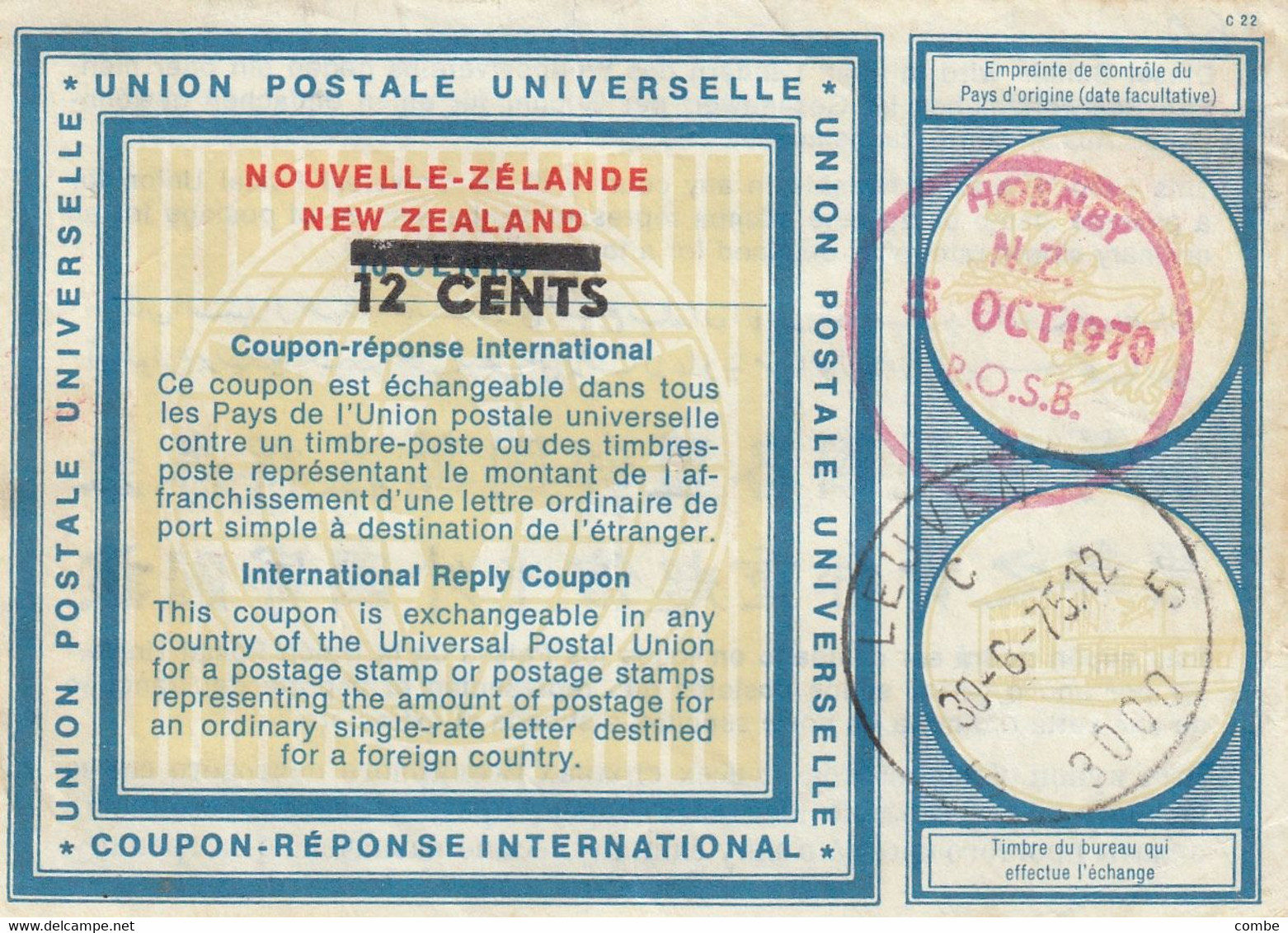 COUPON REPONSE INTERNATIONAL. INTERNATIONAL REPLY COUPON. NOUVELLE-ZELAND. 12 CENTS/18C. HORNBY - Postal Stationery