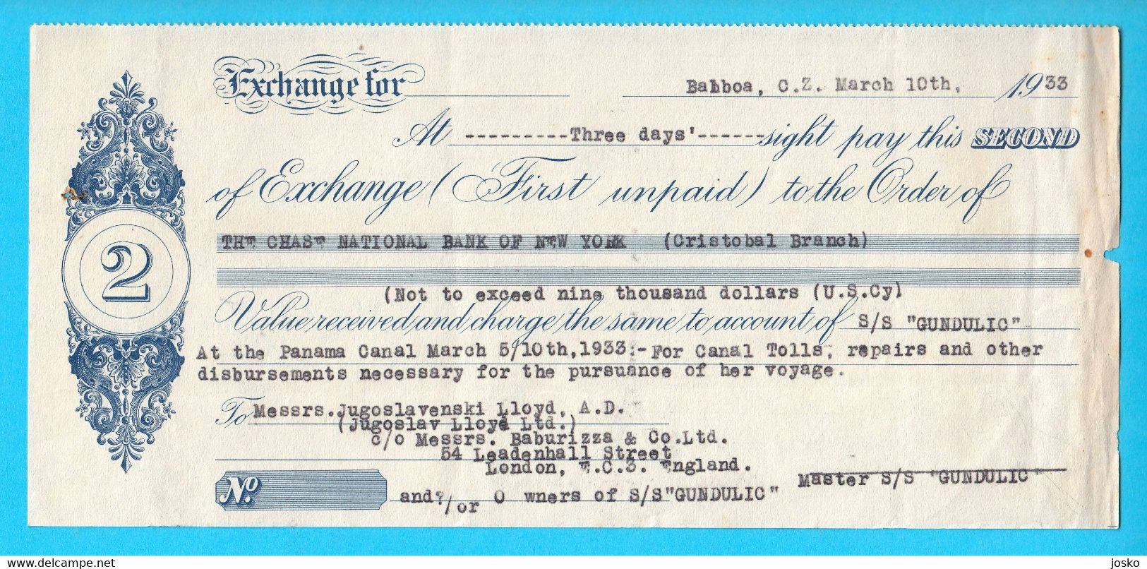 NATIONAL BANK OF NEW YORK Old Bill Of Exchange BALBOA (1933) * Ship GUNDULIC At PANAMA CANAL * Yugoslav Lloyd * Check RR - Panamá