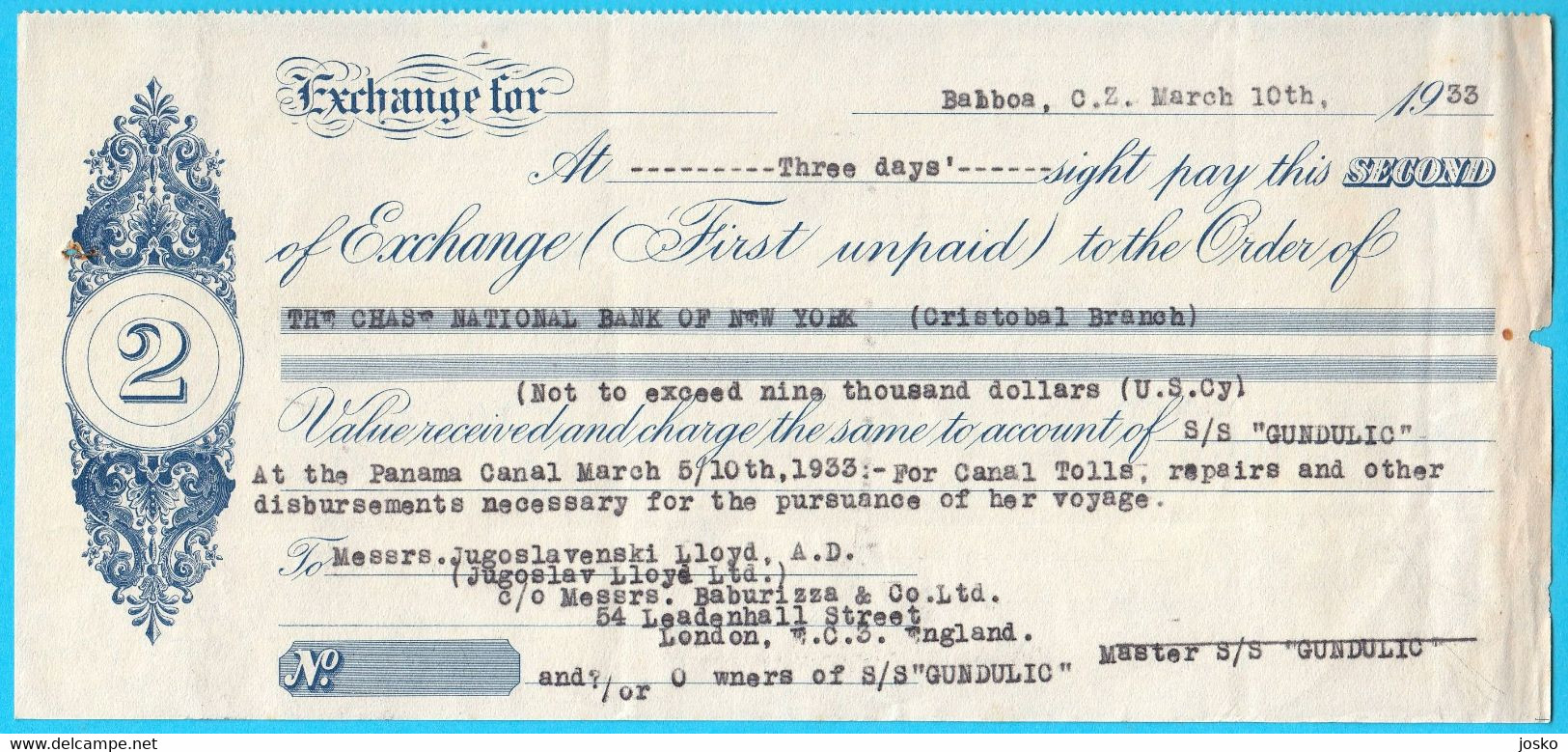 NATIONAL BANK OF NEW YORK Old Bill Of Exchange BALBOA (1933) * Ship GUNDULIC At PANAMA CANAL * Yugoslav Lloyd * Check RR - Panama