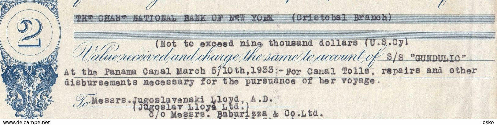 NATIONAL BANK OF NEW YORK Old Bill Of Exchange BALBOA (1933) * Ship GUNDULIC At PANAMA CANAL * Yugoslav Lloyd * Check RR - Panamá