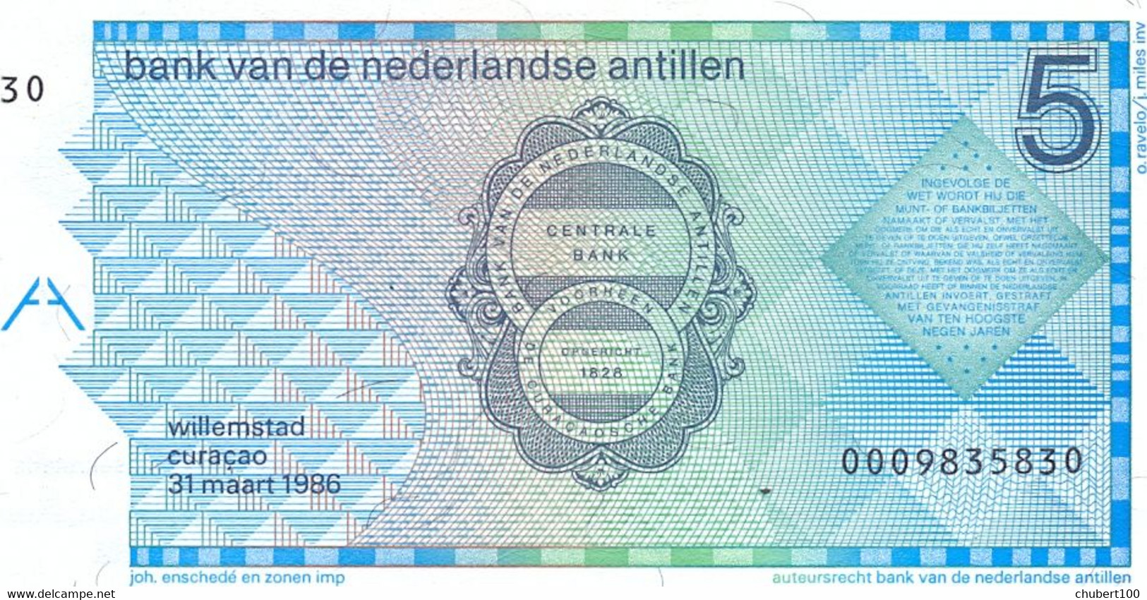 NETHERLANDS ANTILLES, P 22a ,  5 Gulden  ,  1986 ,  UNC Neuf - Niederländische Antillen (...-1986)