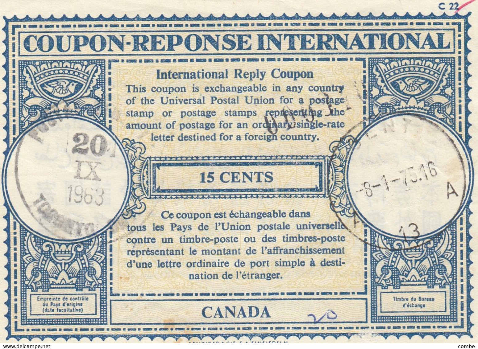 COUPON REPONSE INTERNATIONAL. INTERNATIONAL REPLY COUPON. CANADA. 15 CENTS. TORONTO - Sonstige & Ohne Zuordnung