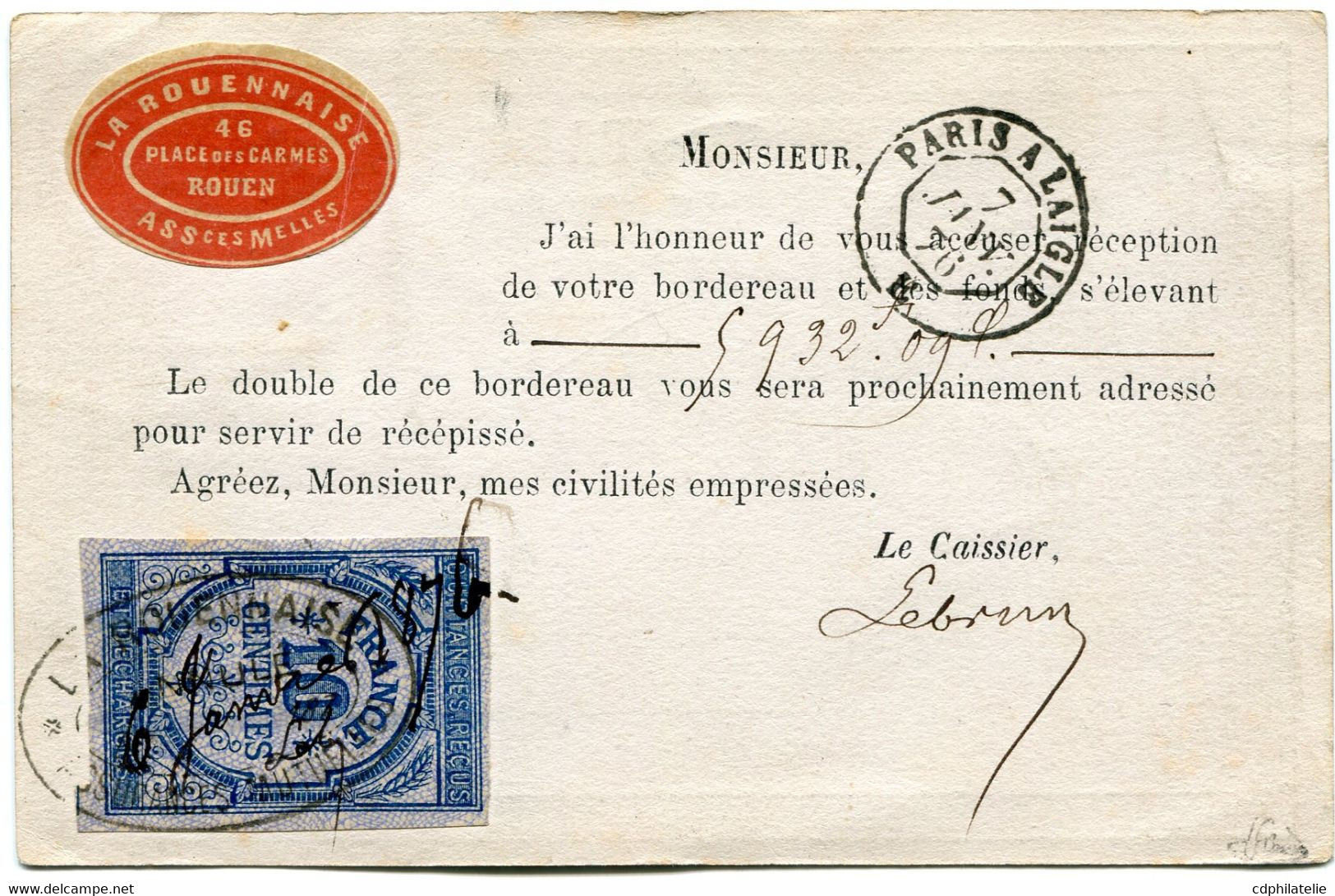 FRANCE CARTE PRECURSEUR AFFRANCHIE AVEC LE N°55 DEPART ROUEN-GARE 6 JANV 76 AVEC REPIQUAGE  + TIMBRE FISCAL  AU DOS..... - Precursor Cards