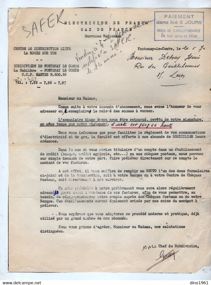 VP20.235 - FONTENAY LE COMTE 1970 - Electricité & Gaz De France - Me DEBRAY Ferme De La Bougrine à CHAMPAGNE LES MARAIS - Elektrizität & Gas