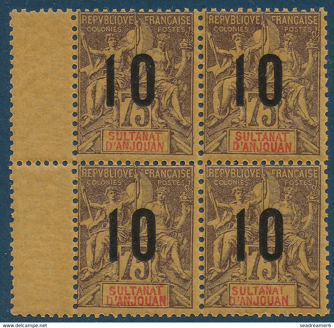 France Colonies Type Groupe Anjouan Bloc De 4 BDfeuille N°29Aa** Variété 1 & 0 Espacés De 2 Mm - Unused Stamps