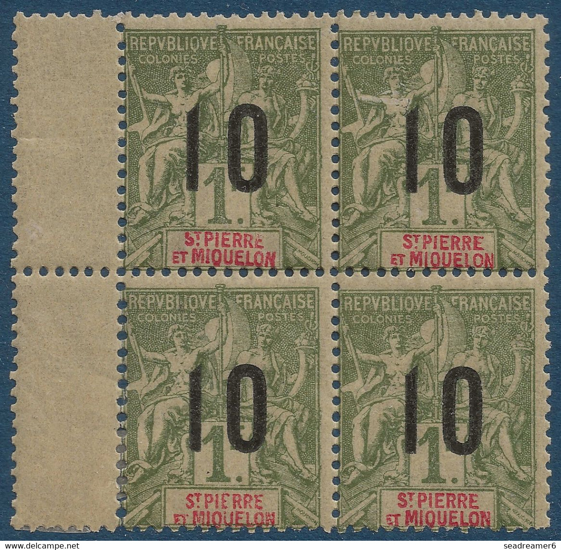 France Colonies Type Groupe St Pierre & Miquelon Bloc De 4 BDfeuille N°104Aa** Variété 1 & 0 Espacés 2 Mm Signé Calves - Neufs