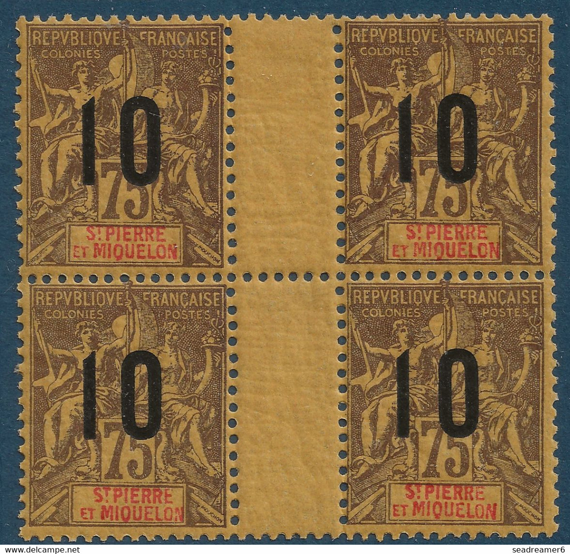 France Colonies Type Groupe St Pierre & Miquelon Bloc 4 Interpanneau N°103Aa** Variété 1 & 0 Espacés 2 Mm Signé Calves - Unused Stamps