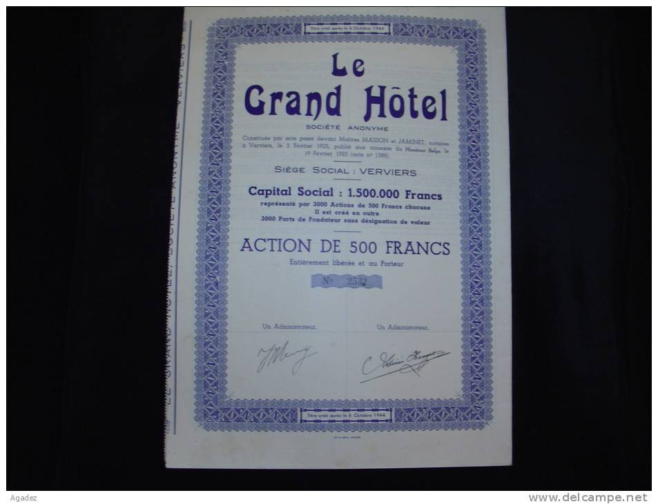 Action De 500 F " Le Grand Hotel Verviers " 1925 Avec Tous Les Coupons - Toerisme