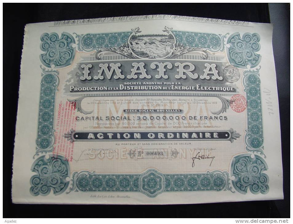 Action " Imatra,production Et Distribution De L'energie Electrique " Bruxelles 1912 Bon état,reste Des Coupons. - Elektrizität & Gas