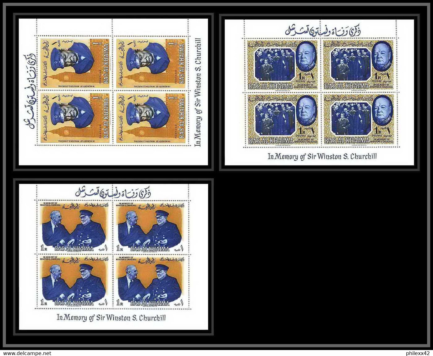 367d - Ras Al Khaima MNH ** Mi N° 18 / 20 A (BLOC 4 / 6 A ) Winston Churchill Roosevelt Feuilles (sheets) - Ras Al-Khaima