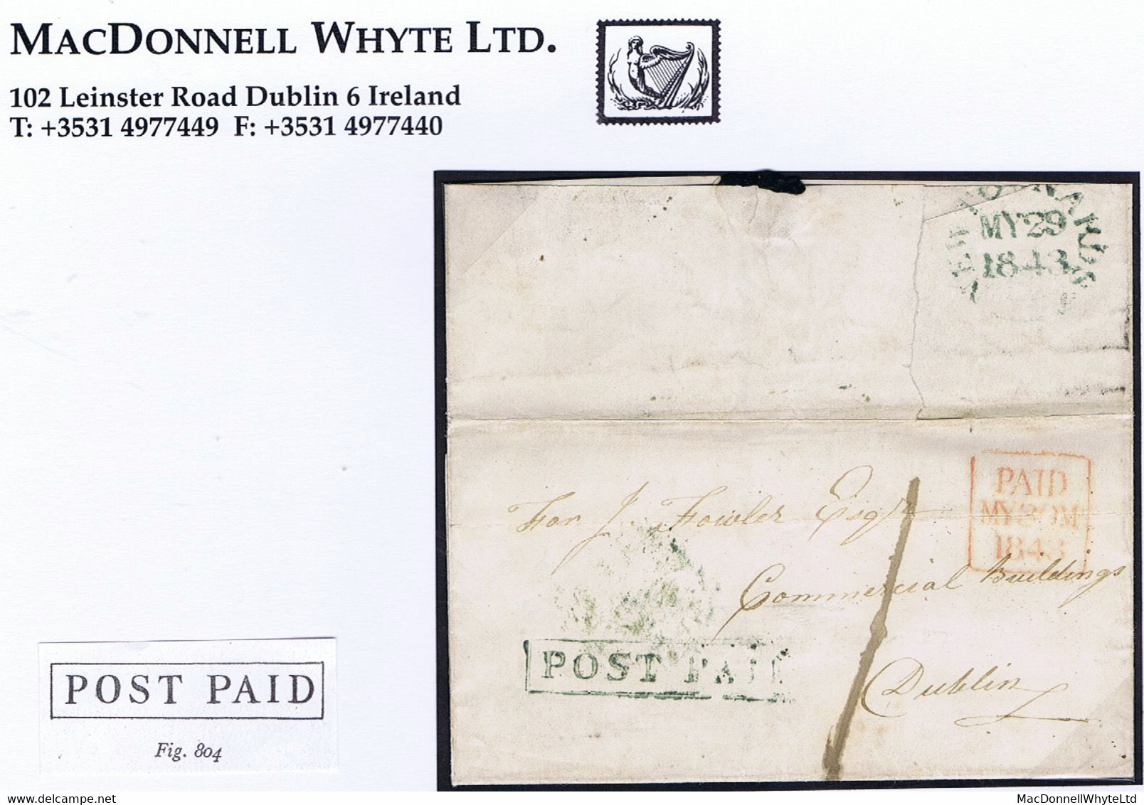 Ireland Down Uniform Penny 1843 Fowler Cover To Dublin Boxed POST PAID Of Newtownards In Green, Matching Cds MY 29 1843 - Prephilately