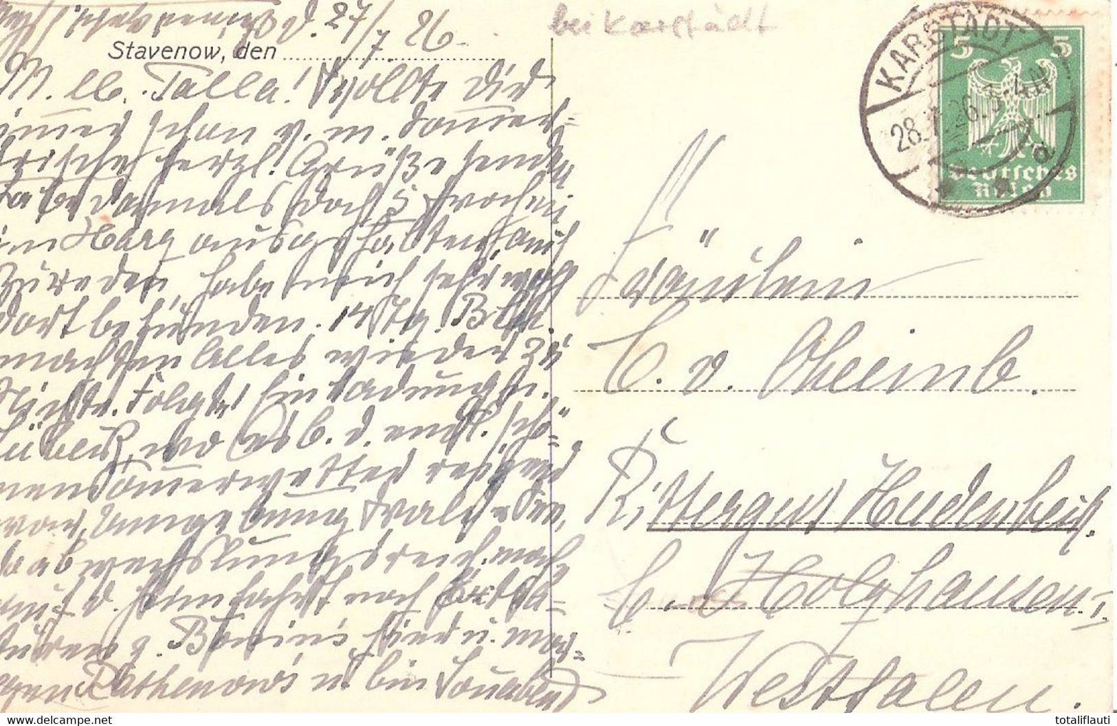 STAVENOW Bei Karstädt Prignitz Herrenhaus Autograf Adel Von Bonin 28.7.1926 Gelaufen Fast TOP-Erhaltung - Karstaedt