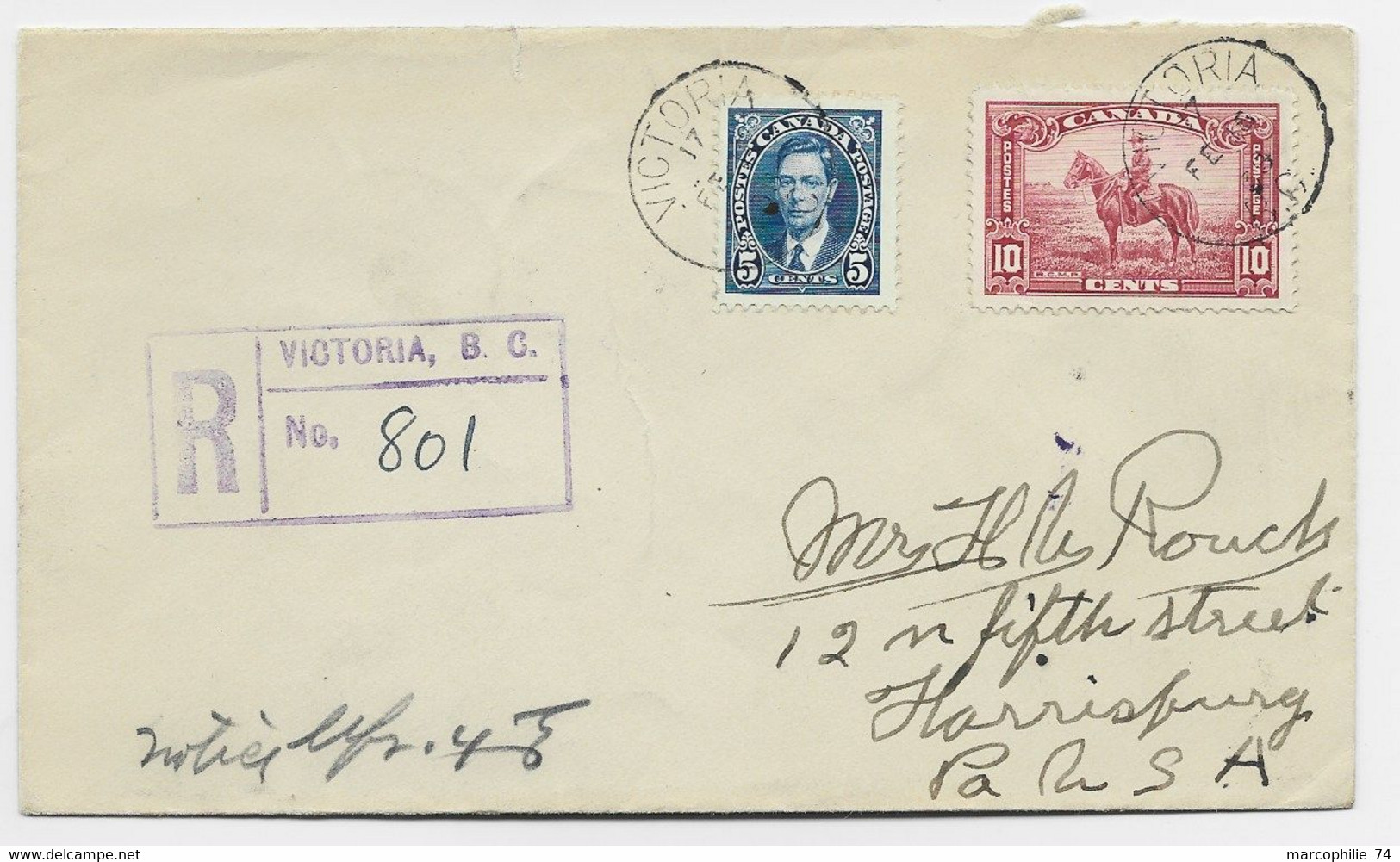 CANADA 5C+10C  LETTRE COVER REG VICTORIA 1938 TO USA - Lettres & Documents
