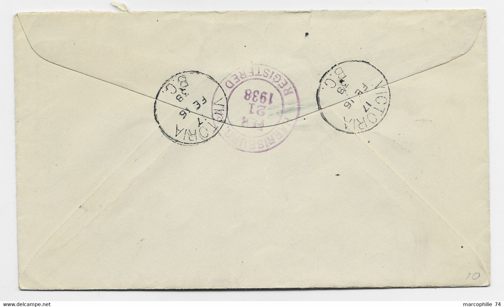 CANADA 5C+10C  LETTRE COVER REG VICTORIA 1938 TO USA - Covers & Documents