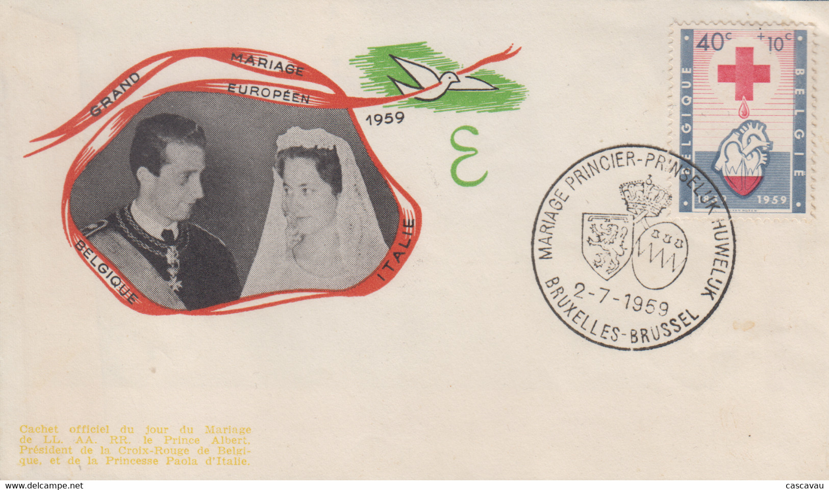 Enveloppe  BELGIQUE   Mariage  Princier    1959 - Autres & Non Classés