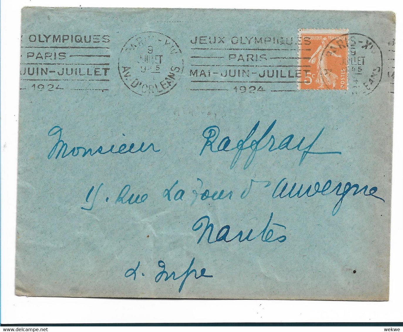 OY203 / OLYMPIA 1924 - Paris, Maschinenstempel-Werbung Postamt XIV, Ave. D. Orleans Nach Nantes - Ete 1924: Paris