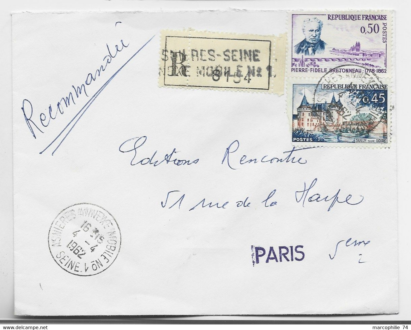 FRANCE 50C+45C LETTRE REC TIMBRE A DATE ASNIERES ANNEXE MOBILE N°1 4.4.1962 SEINE GARCHES - Matasellos Manuales