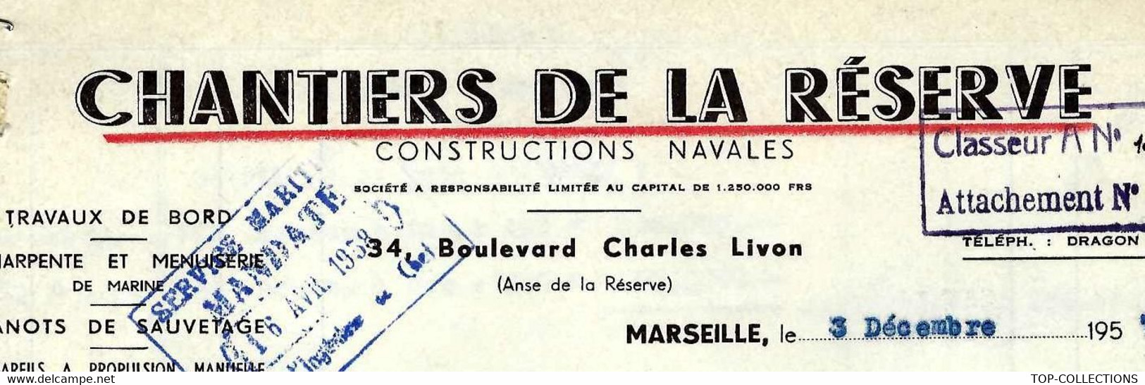 1957 ENTETE CHANTIERS DE LA RESERVE  ANSE DE LA RESERVE MARSEILLE CONSTRUCTIONS NAVALES => Ponts Et Chaussées Marseille - 1950 - ...