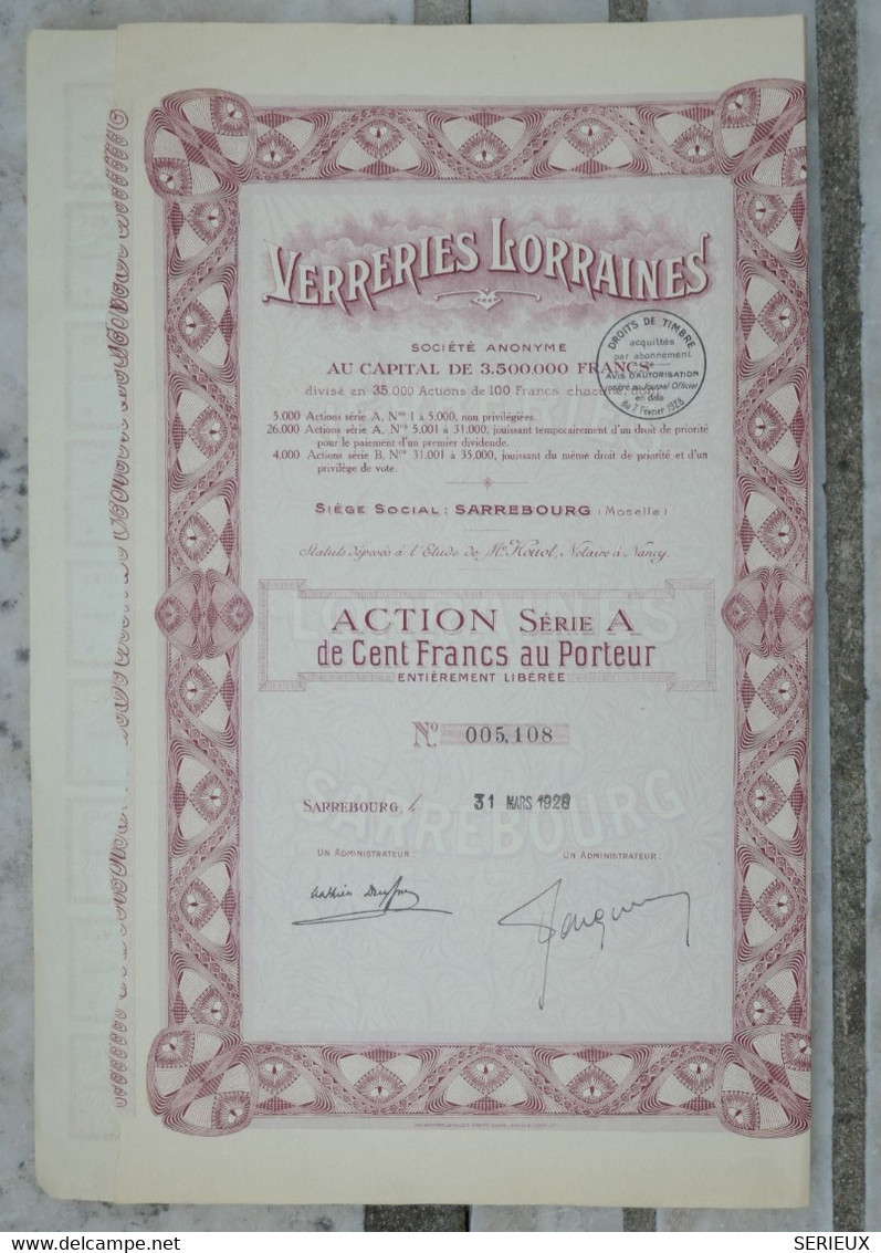 &5    1928 SOCIETE VERRERIE LORRAINE  +DIVISE 35000 ACTIONS - Industrie