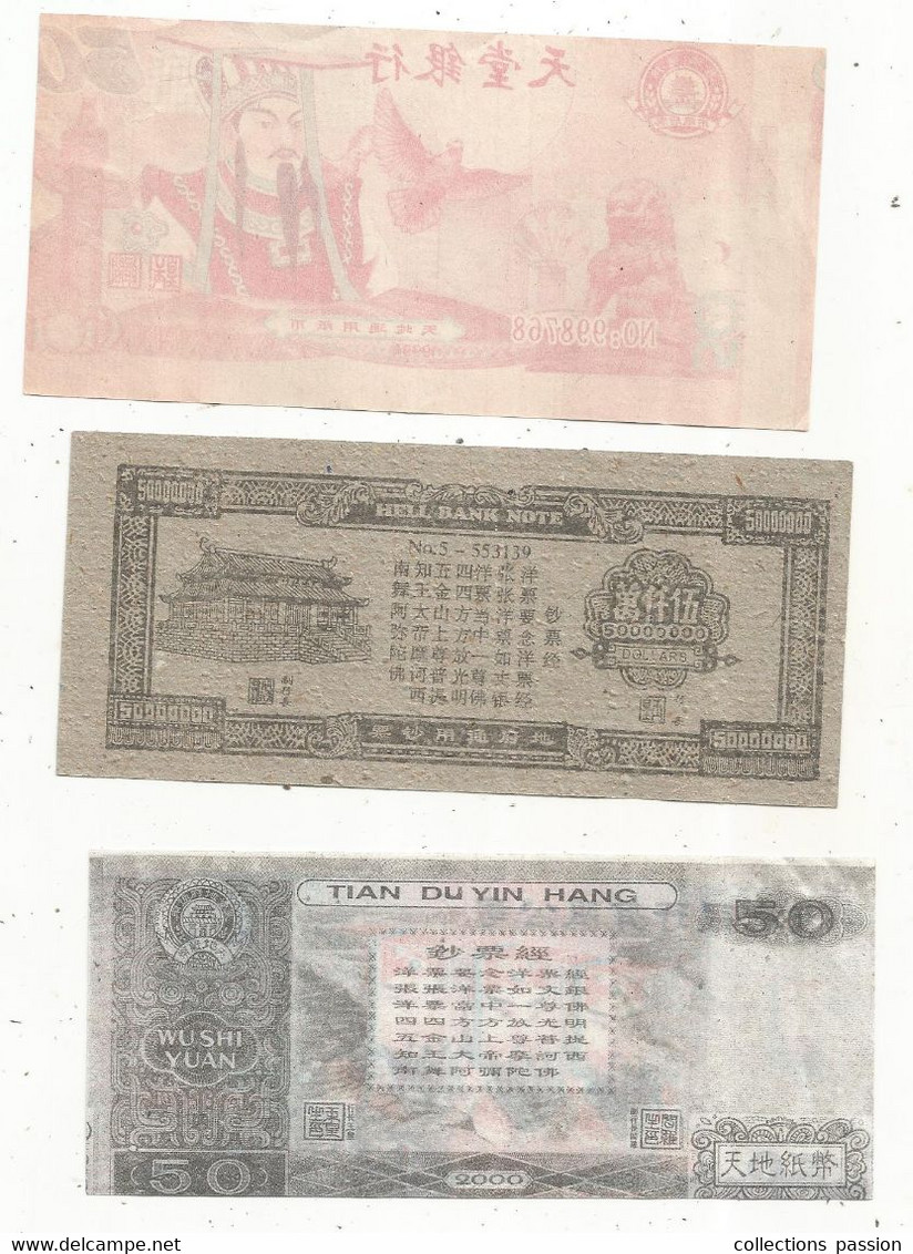 Billet , Asie , Billets Funéraires , HELL BANK NOTE , 2 Scans , LOT DE 3 BILLETS - Fiktive & Specimen