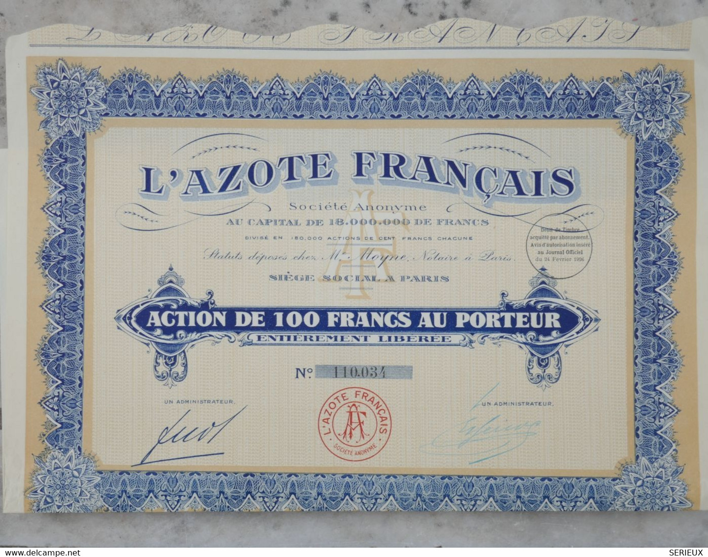 &5    1928 SOCIETE L AZOTE FRANCAIS   +DIVISE 60000 ACTIONS - Industrial