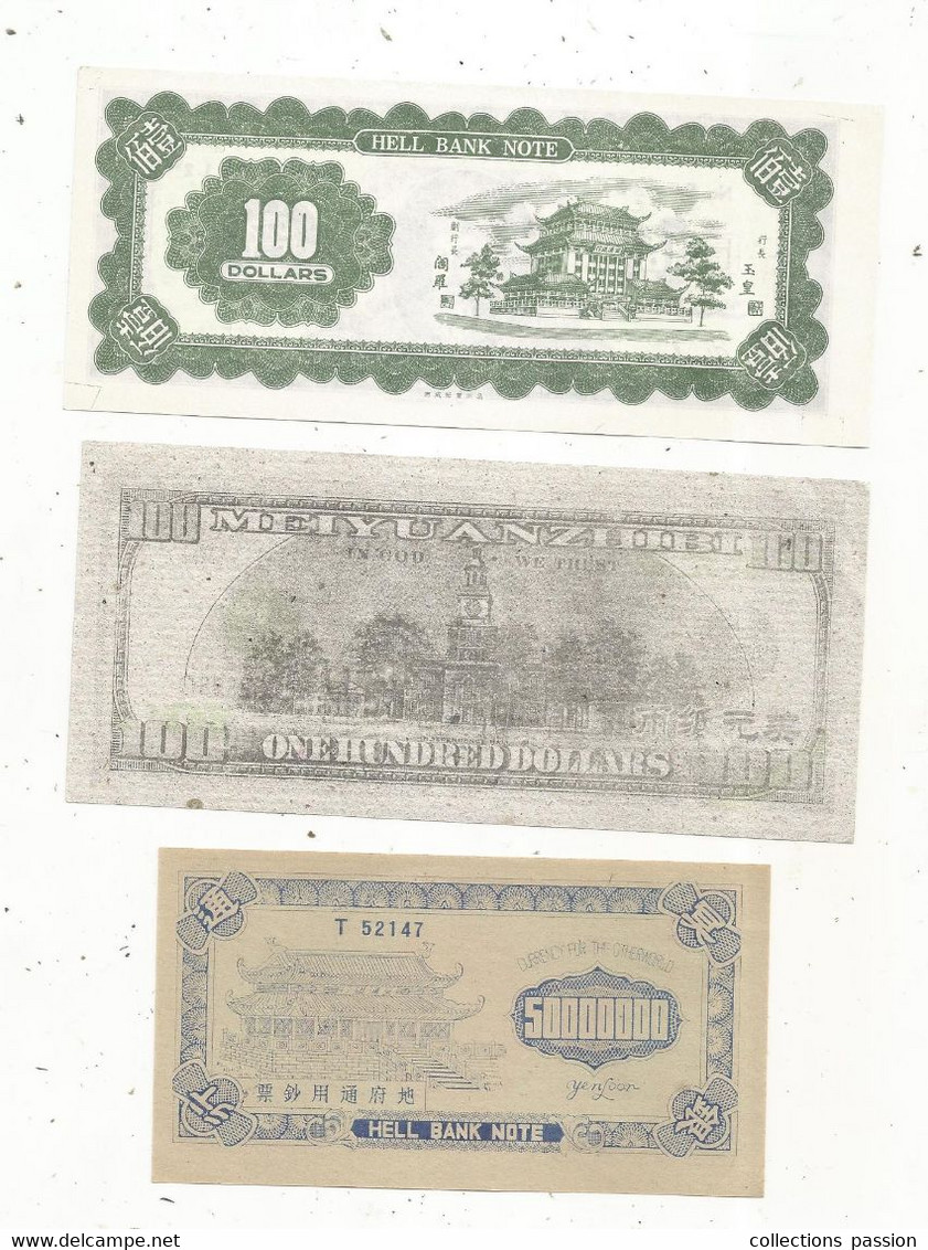 Billet , Asie , Billets Funéraires , HELL BANK NOTE , 2 Scans,  LOT DE 3 BILLETS - Fictifs & Spécimens