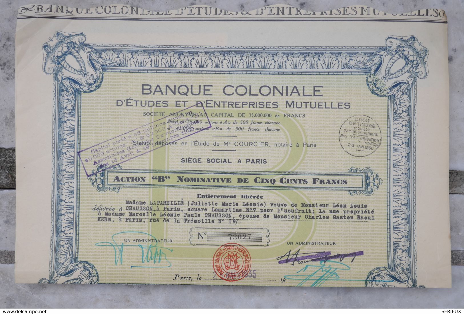 &5    1932 BANQUE COLONIALE  +DIVISE 40000 ACTIONS ++ - Banque & Assurance