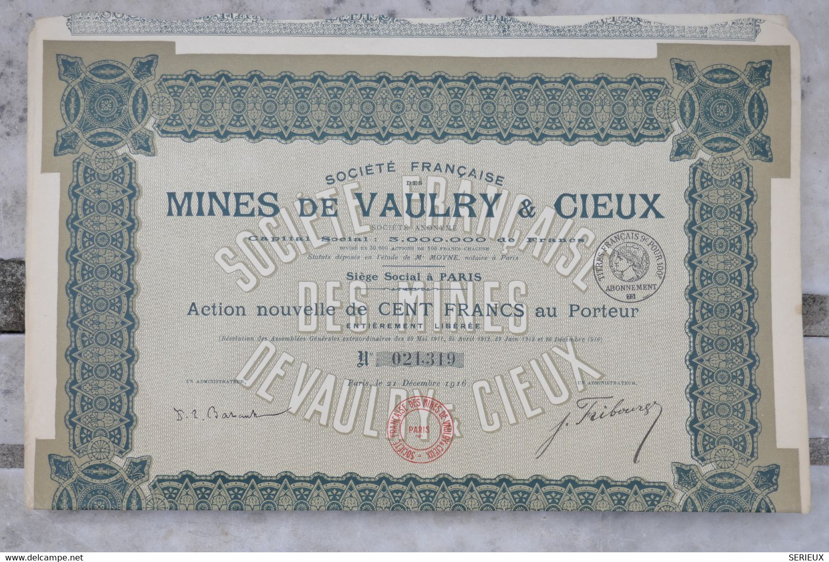 &5    1916 MINES VAUDLRY CIEUX  +DIVISE 100000 ACTIONS ++ - Mineral
