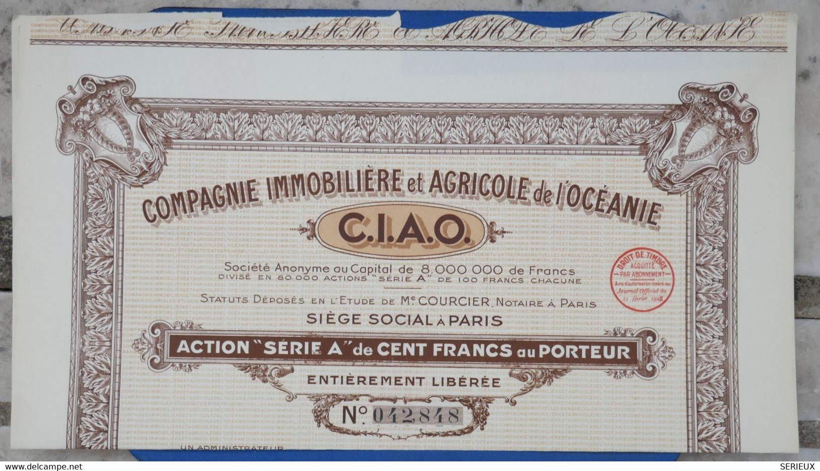 &5    1920 CIE IMMOBILIERE AGRICOLE OCEANIE  C.I.A.O  +DIVISE 60000 ACTIONS ++ - Mineral