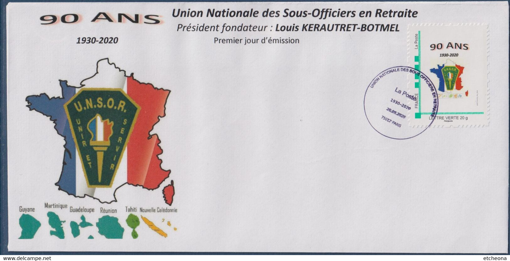 90 Ans, Union Nationale Des Sous Officiers En Retraite UNSOR Enveloppe TVP LV Adhésif 1er Jour 20.09.2020 - Briefe U. Dokumente