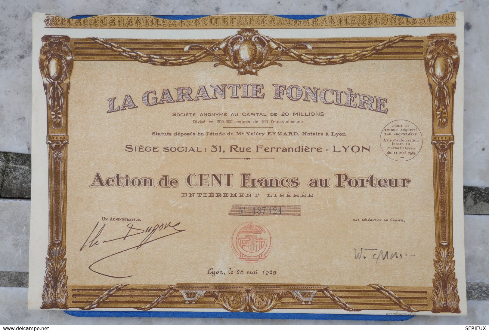 &5    1929  SOCIETE GARANTIE  FONCIERE +DIVISE 200000 ACTIONS ++ - Banque & Assurance