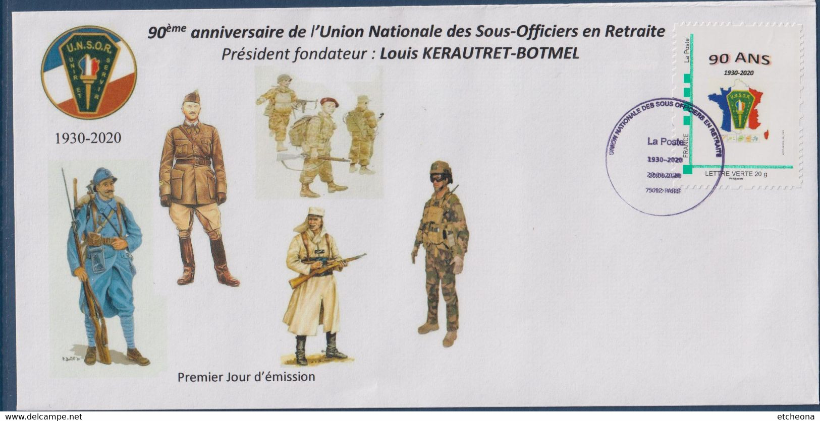 90 Ans, Union Nationale Des Sous Officiers En Retraite UNSOR Enveloppe TVP LV Adhésif 1er Jour 20.09.20 Soldats - Lettres & Documents